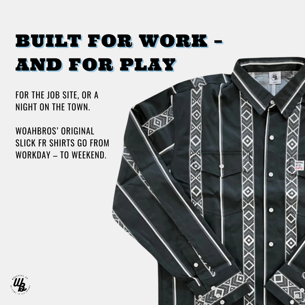 Black shirt with white patterns on a gray background, featuring promotional text.