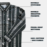 Black and white patterned shirt with text highlighting features on a white background
