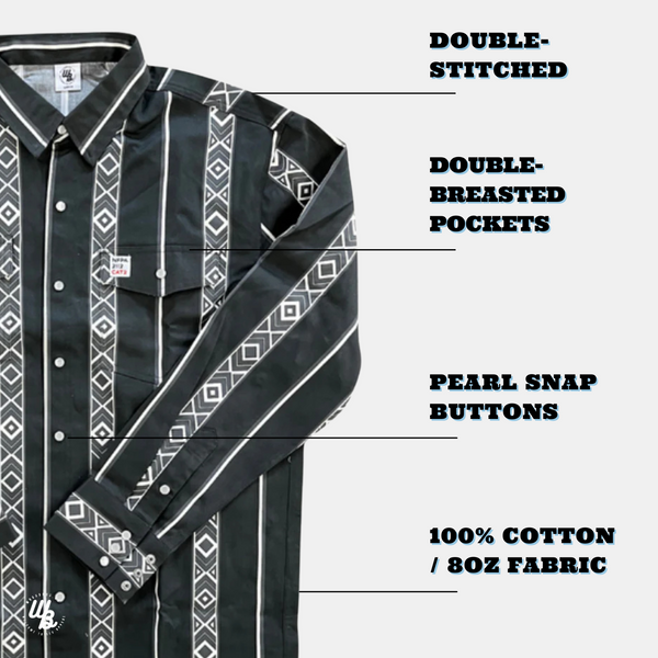 Black and white patterned shirt with text highlighting features on a white background