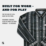 Black shirt with white patterns on a gray background, featuring promotional text.