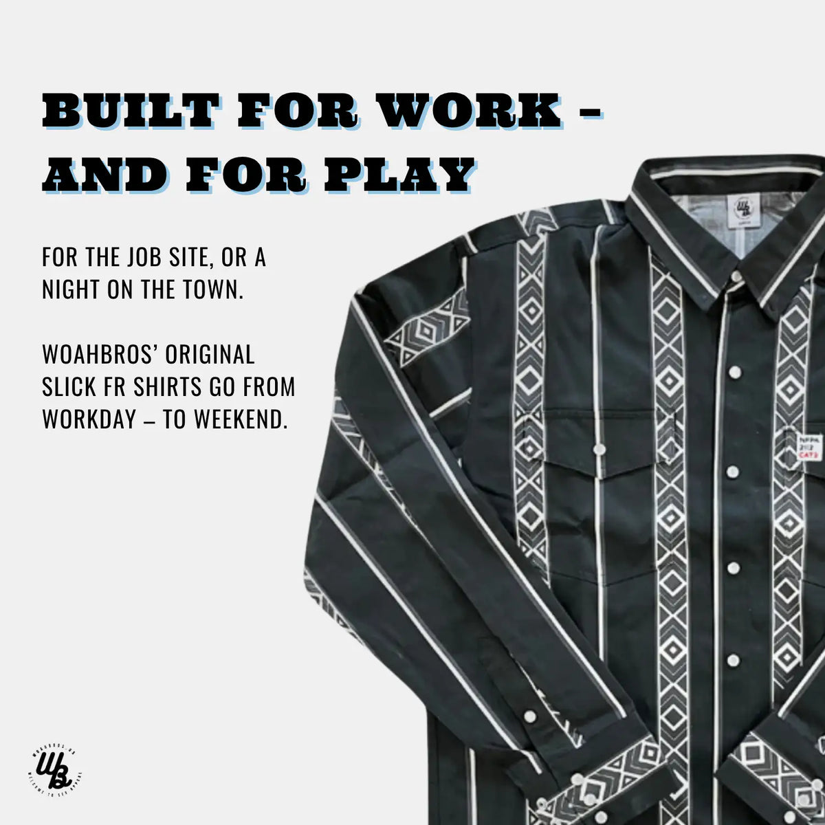 Black shirt with white patterns on a gray background, featuring promotional text.