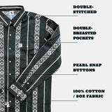 Black and white patterned shirt with text highlighting features on a white background