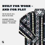 Black and white patterned shirt with text about work and play, on a white background.