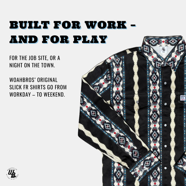 Black and white patterned shirt with text about work and play, on a white background.