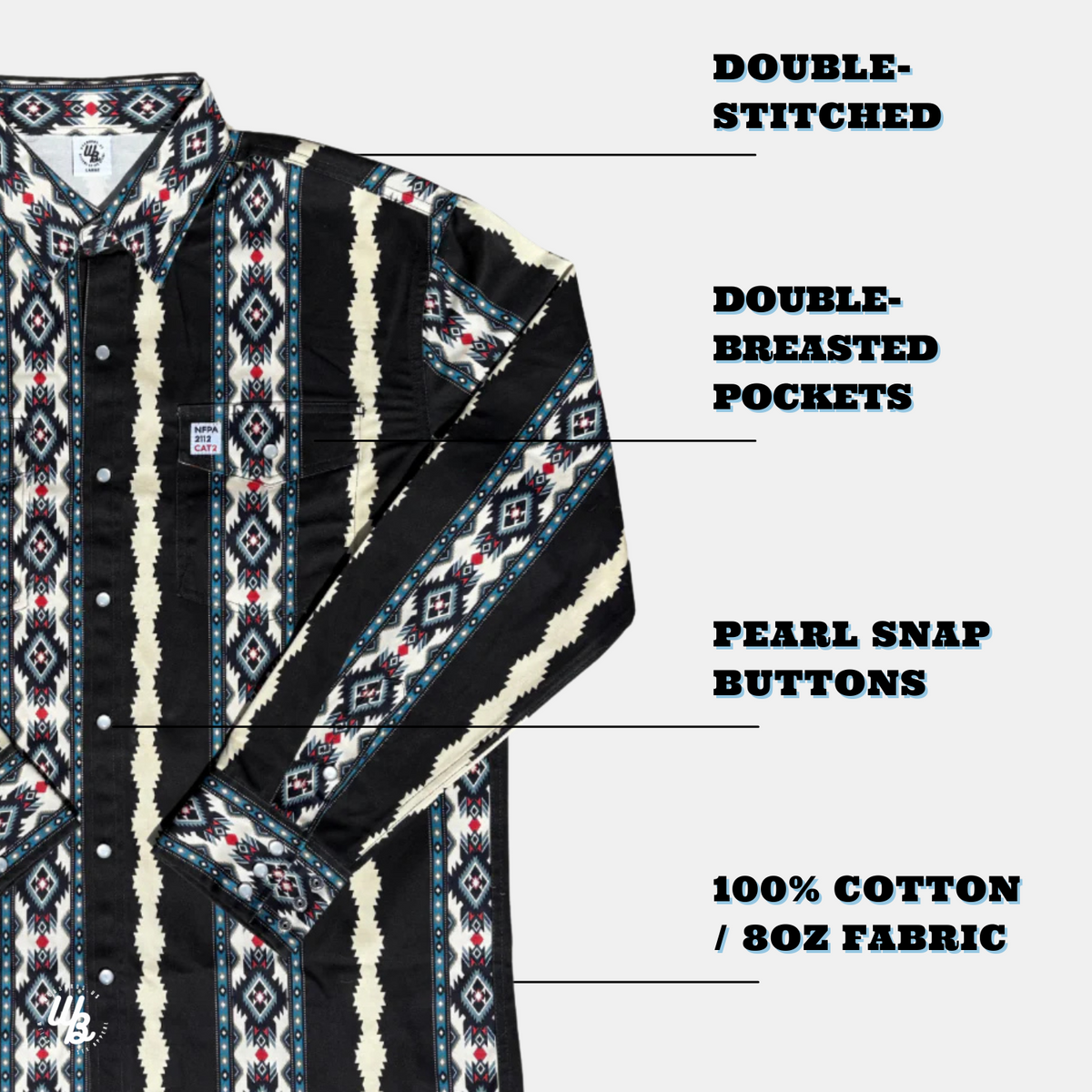 Shirt with double-stitched edges, double-breasted pockets, pearl snap buttons, and 100% cotton fabric on a white background.