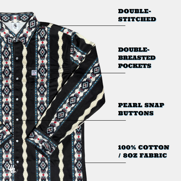Shirt with double-stitched edges, double-breasted pockets, pearl snap buttons, and 100% cotton fabric on a white background.