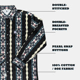 Shirt with double-stitched edges, double-breasted pockets, pearl snap buttons, and 100% cotton fabric on a white background.