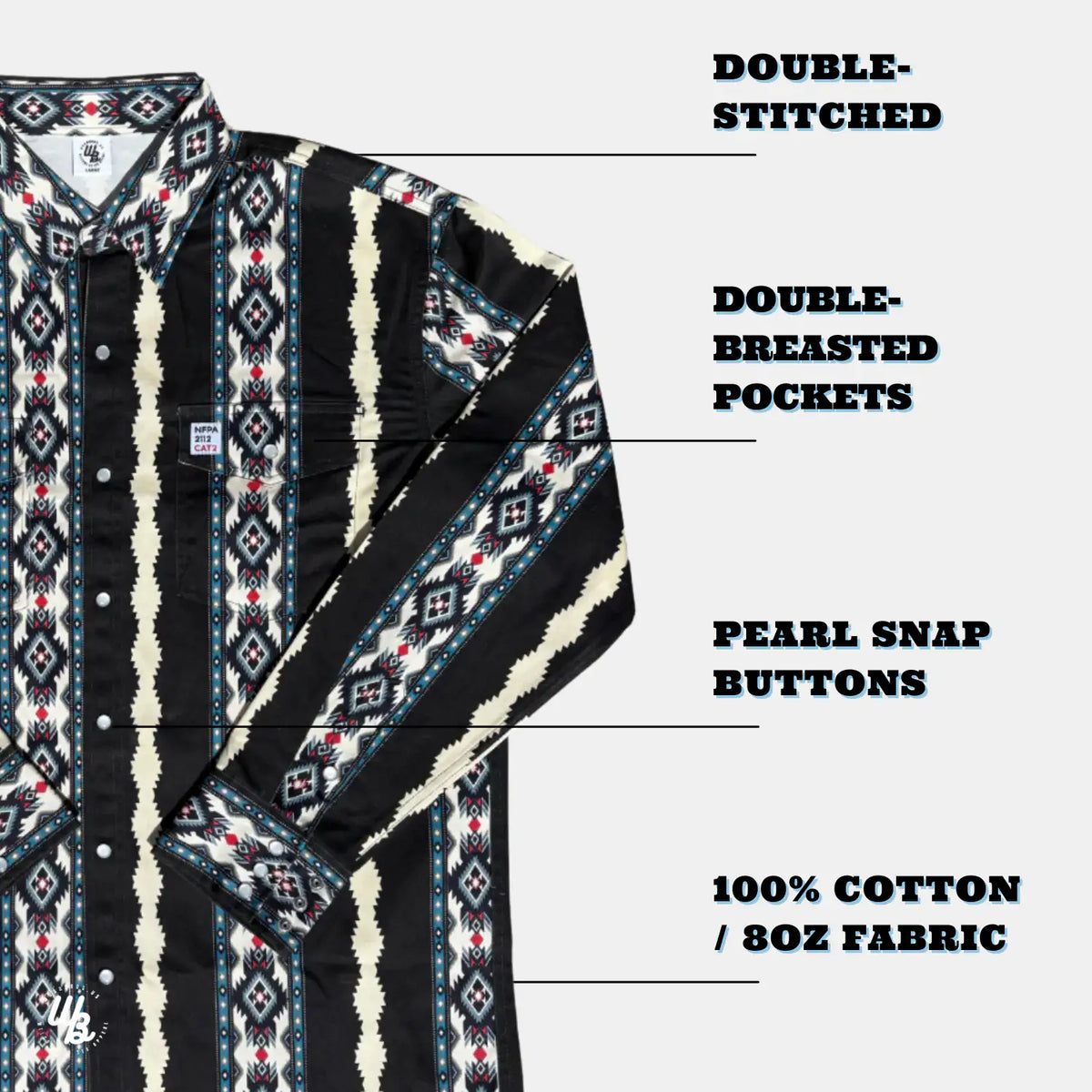 Shirt with double-stitched edges, double-breasted pockets, pearl snap buttons, and 100% cotton fabric on a white background.