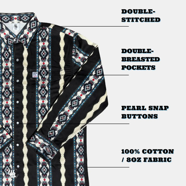 Shirt with double-stitched edges, double-breasted pockets, pearl snap buttons, and 100% cotton fabric on a white background.