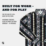 Black and white patterned shirt with text about work and play, on a white background.