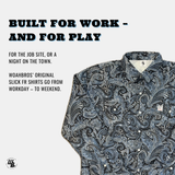 Patterned shirt with promotional text on a white background