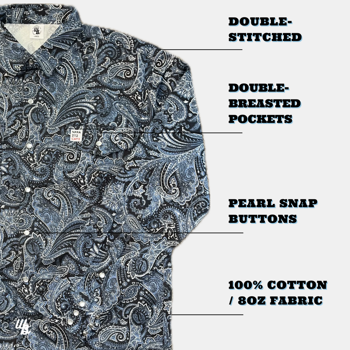 Paisley patterned shirt with text labels on a white background