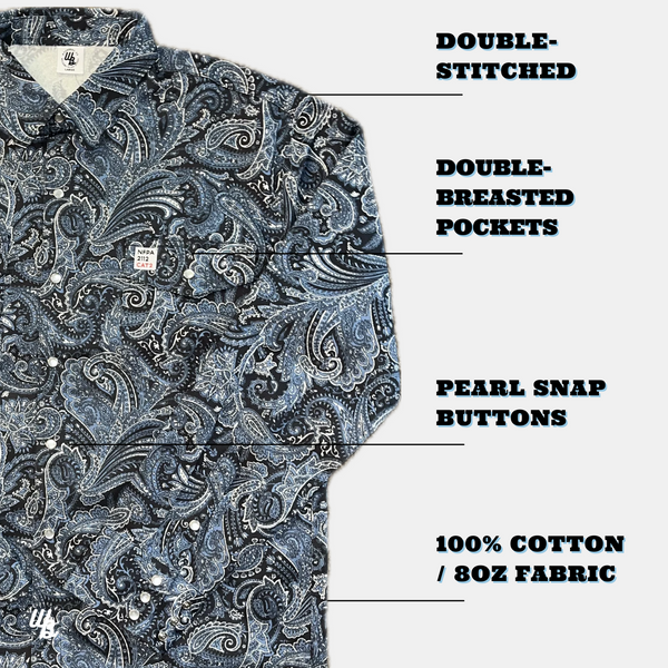 Paisley patterned shirt with text labels on a white background