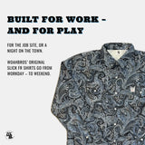 Patterned shirt with promotional text on a white background