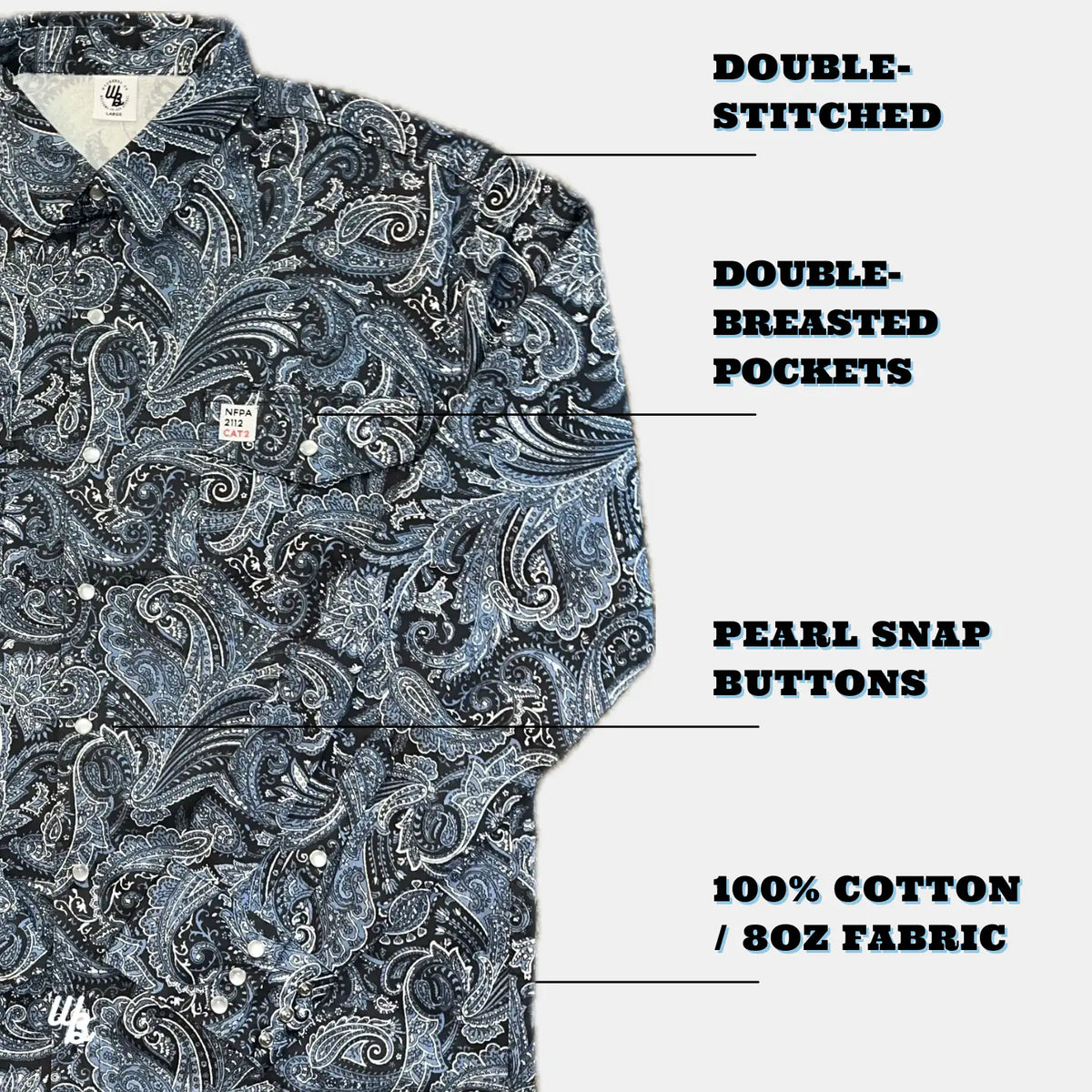 Paisley patterned shirt with text labels on a white background