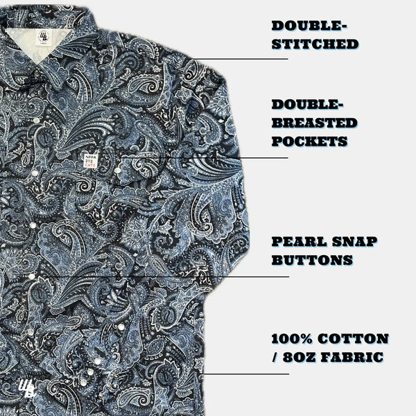 Paisley patterned shirt with text labels on a white background