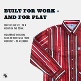 Red and white striped shirt with promotional text on a light gray background