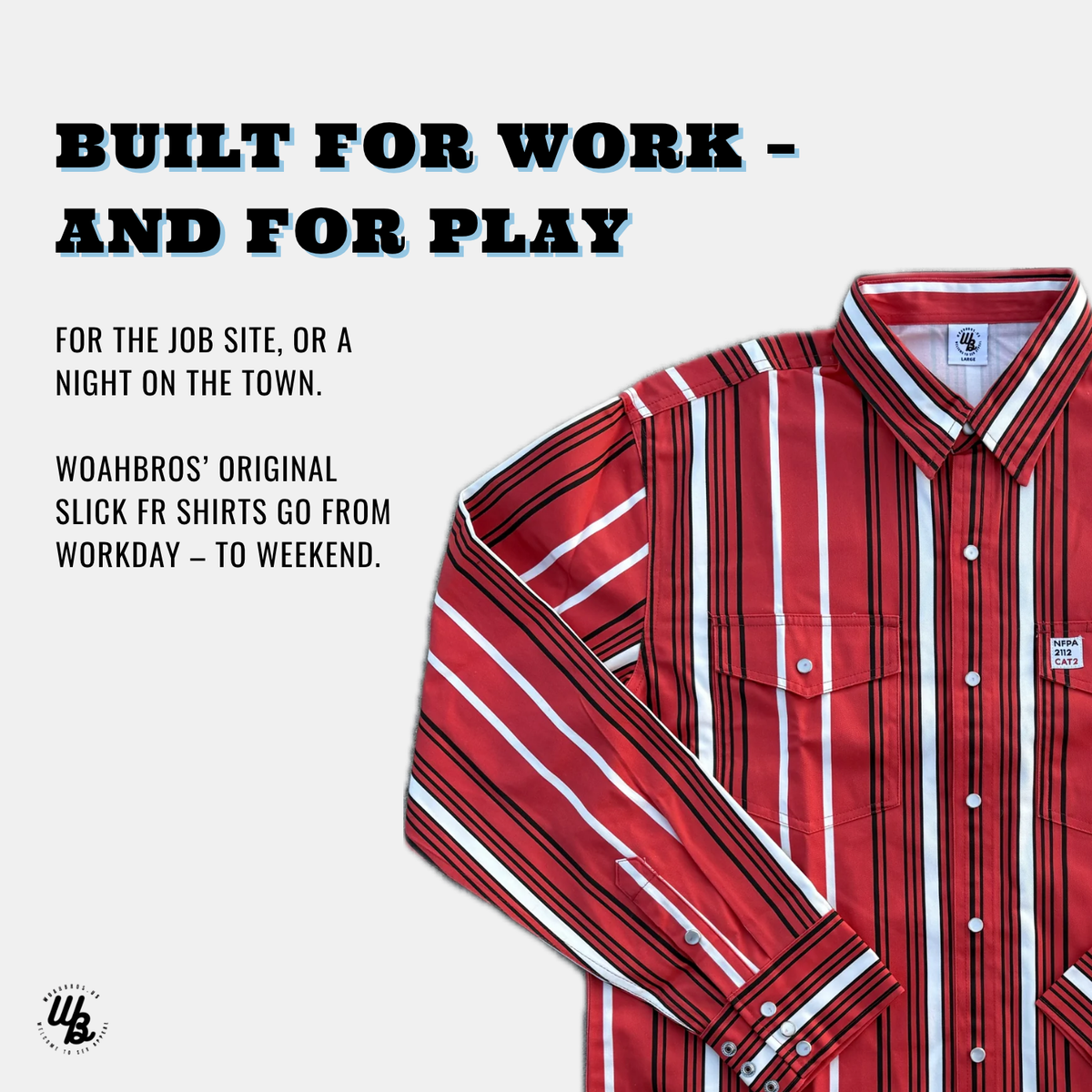 Red and white striped shirt with promotional text on a light gray background