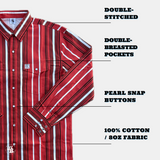 Red and white striped shirt with labeled features on a white background