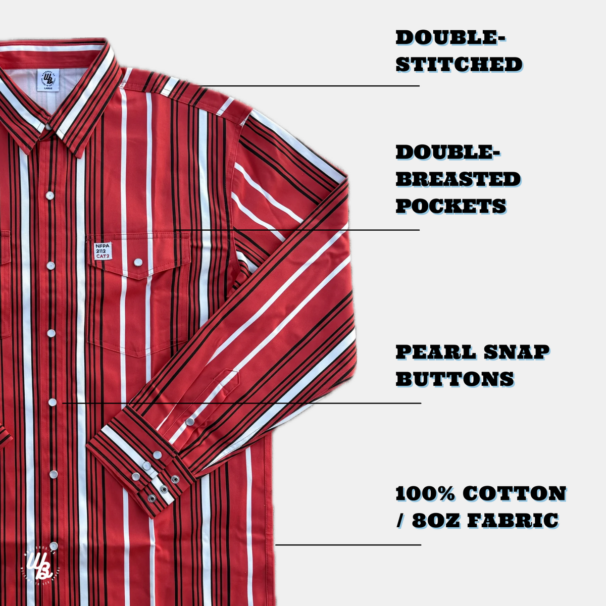 Red and white striped shirt with labeled features on a white background