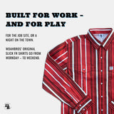 Red and white striped shirt with promotional text on a light gray background