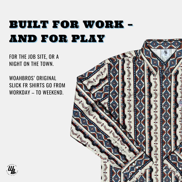 A patterned long-sleeve button-up shirt with geometric and tribal-style motifs in cream, navy, red, and black, shown on a light gray background with promotional text reading 'BUILT FOR WORK - AND FOR PLAY' and 'FOR THE JOB SITE, OR A NIGHT ON THE TOWN.'.