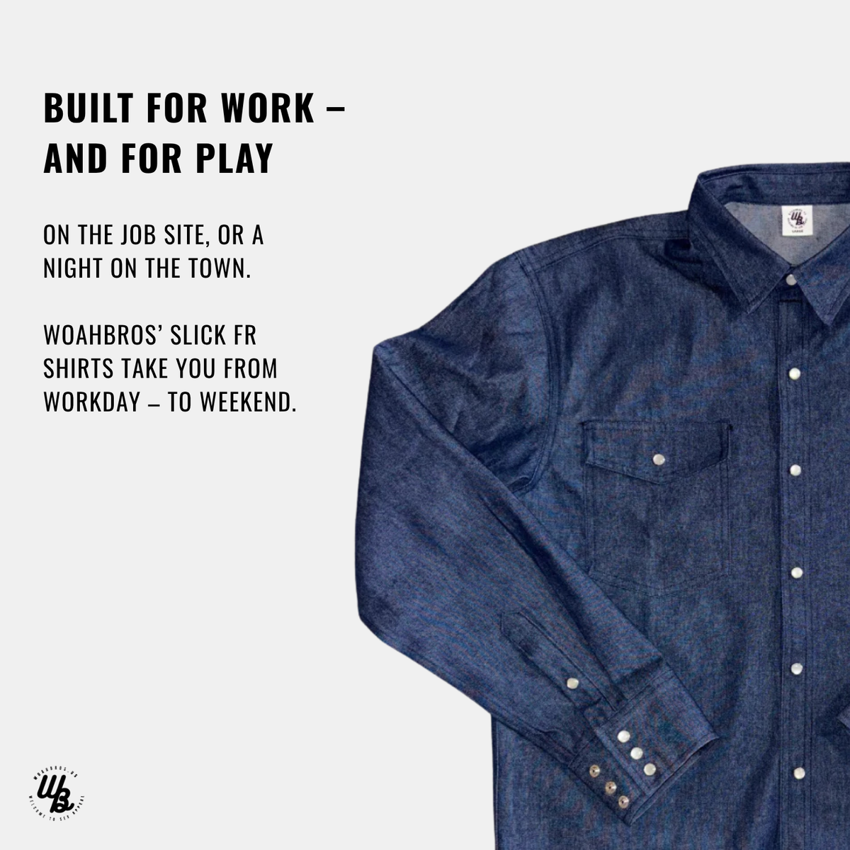 Blue shirt with text about work and play on a white background
