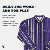 Purple and white striped shirt with promotional text on a light gray background