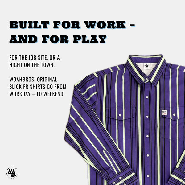 Purple and white striped shirt with promotional text on a light gray background