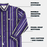 Purple and white striped shirt with text highlighting features on a white background