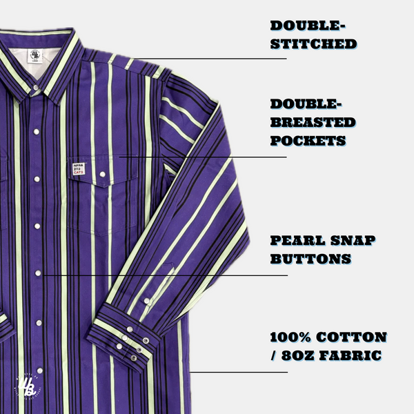 Purple and white striped shirt with text highlighting features on a white background