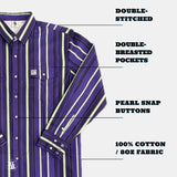 Purple and white striped shirt with text highlighting features on a white background
