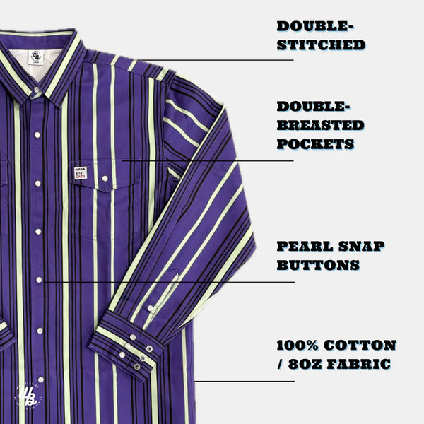 Purple and white striped shirt with text highlighting features on a white background