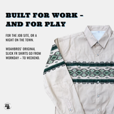 Light-colored shirt with green and white pattern on a white background, featuring text about versatility.