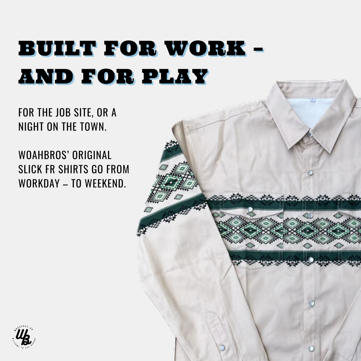 Light-colored shirt with green and white pattern on a white background, featuring text about versatility.