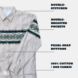Light-colored shirt with green pattern and text highlighting features on a white background