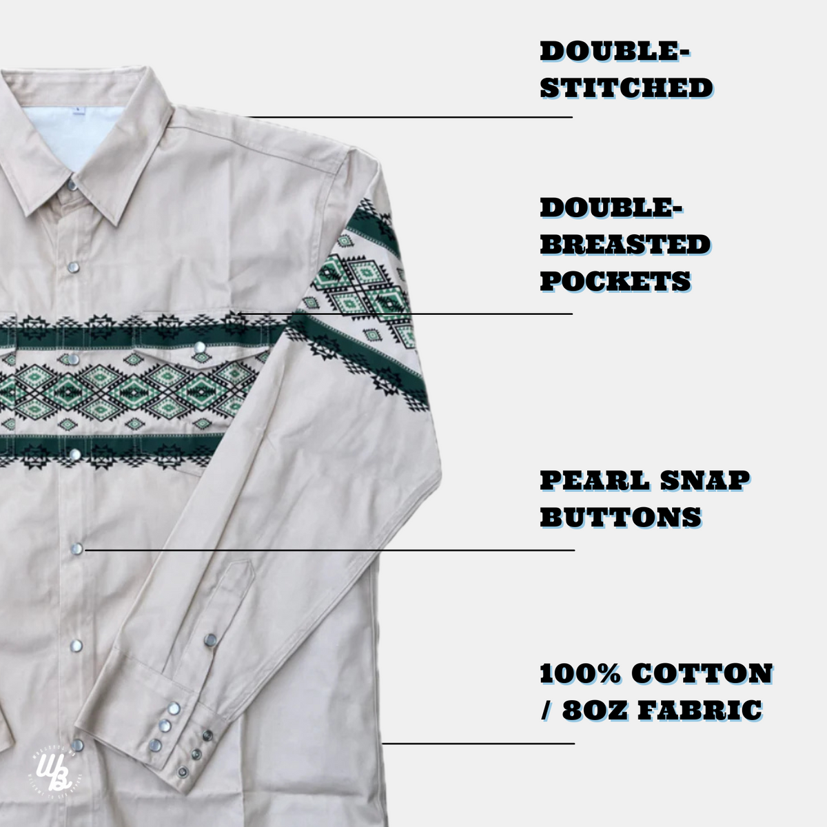 Light-colored shirt with green pattern and text highlighting features on a white background
