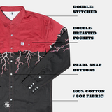 Red and black shirt with features labeled on a white background