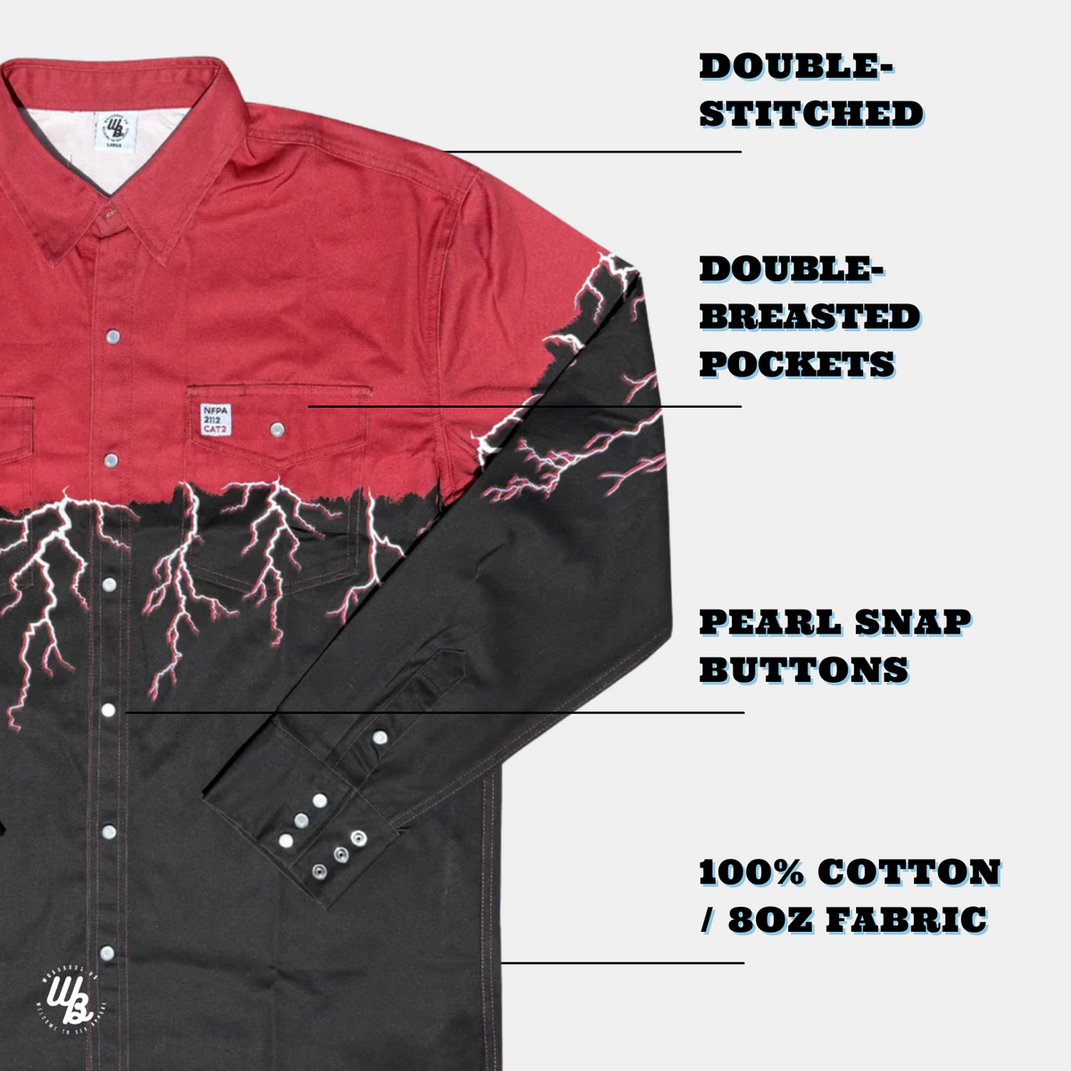 Red and black shirt with features labeled on a white background