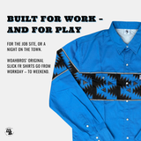 Blue shirt with black geometric pattern on a white background, featuring promotional text.