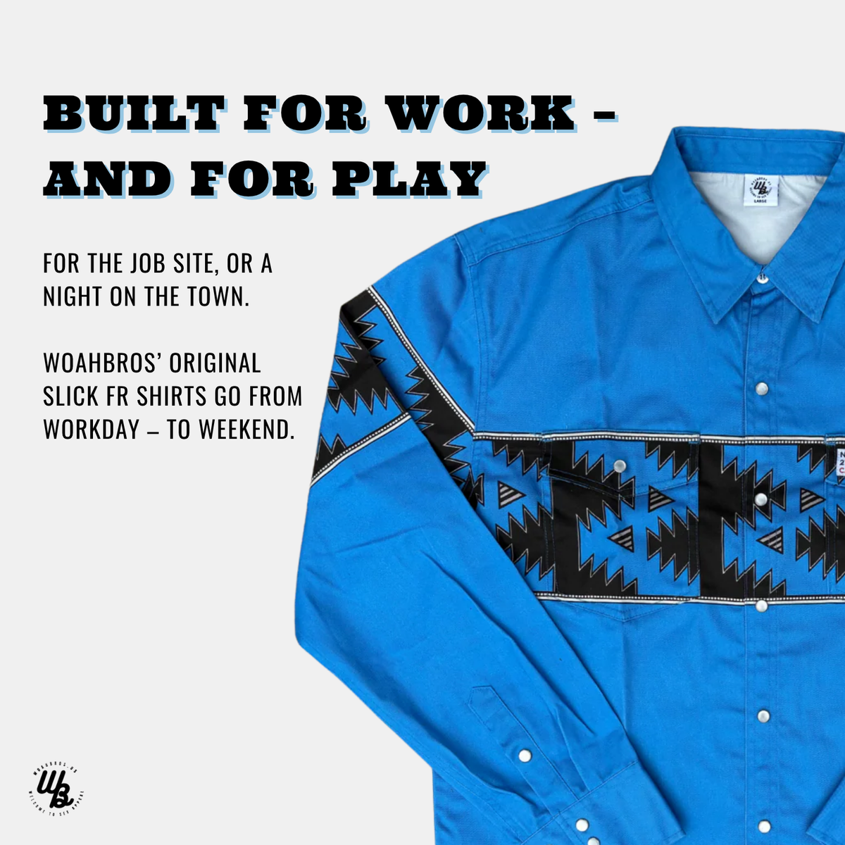 Blue shirt with black geometric pattern on a white background, featuring promotional text.