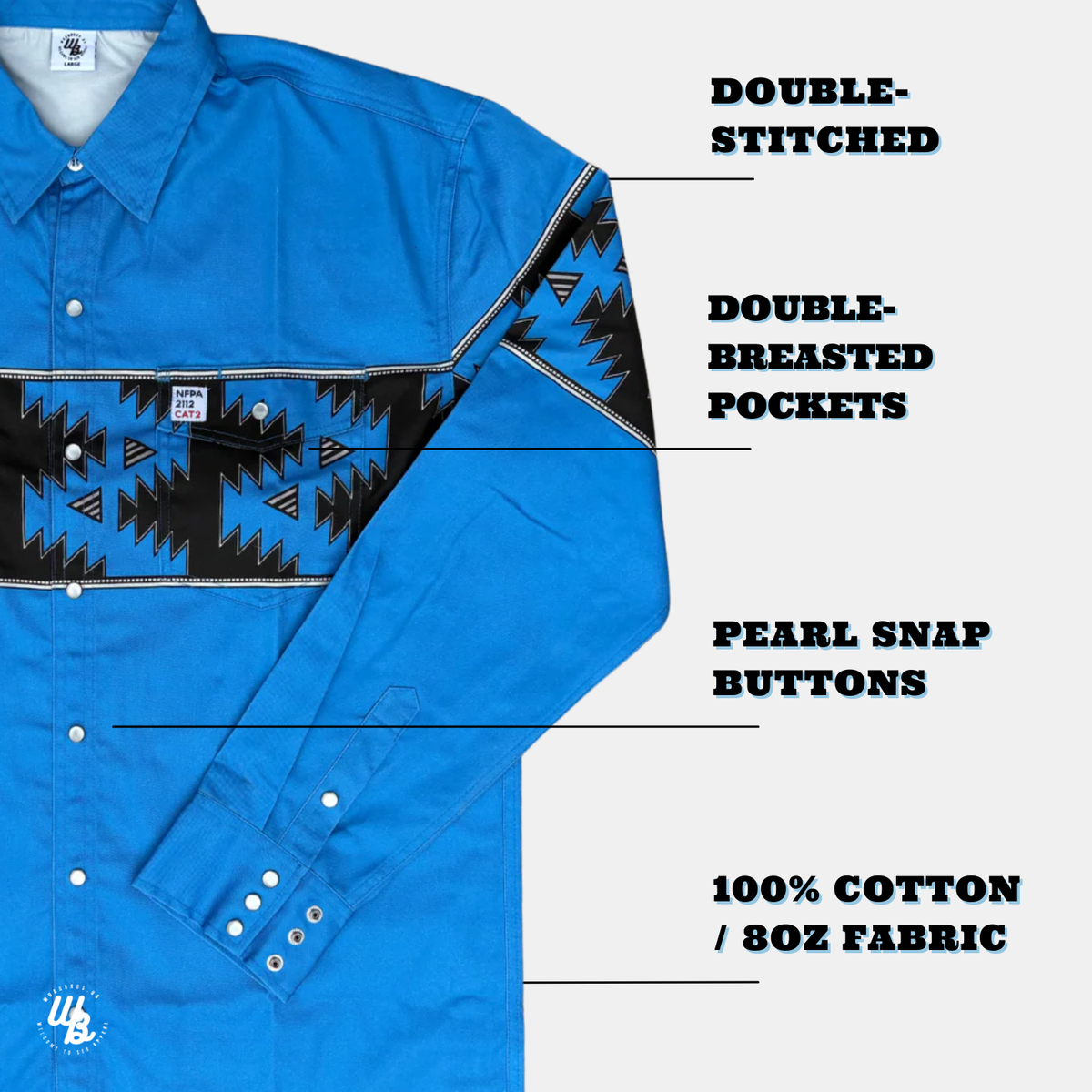 Blue shirt with black pattern and text highlighting features on a white background