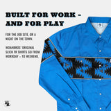 Blue shirt with black geometric pattern on a white background, featuring promotional text.