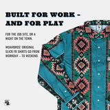 Teal shirt with geometric pattern on a white background, featuring promotional text.