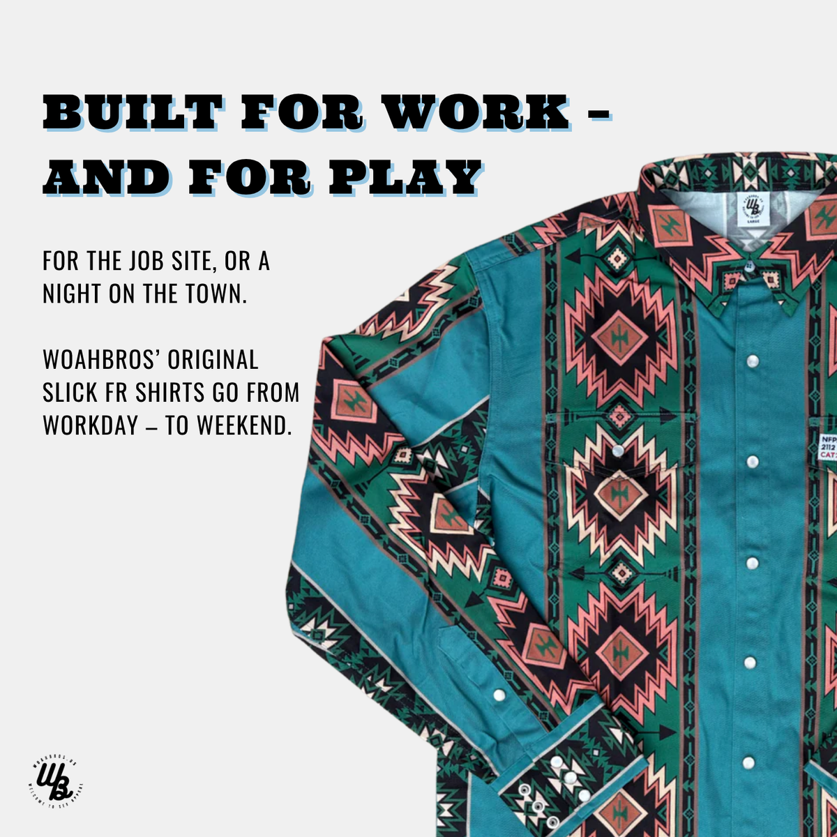 Teal shirt with geometric pattern on a white background, featuring promotional text.