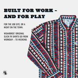 Colorful patterned shirt with promotional text on a white background