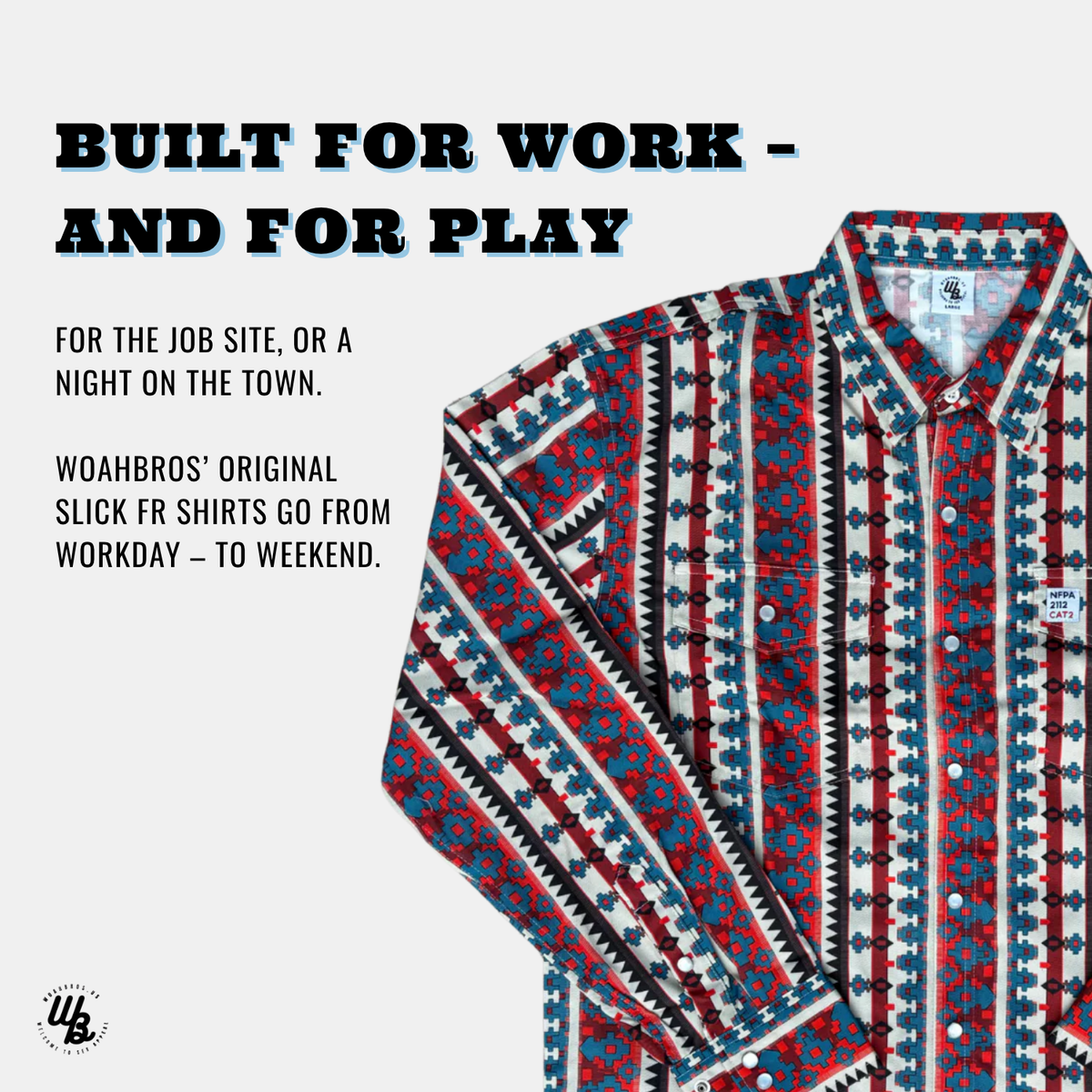 Colorful patterned shirt with promotional text on a white background