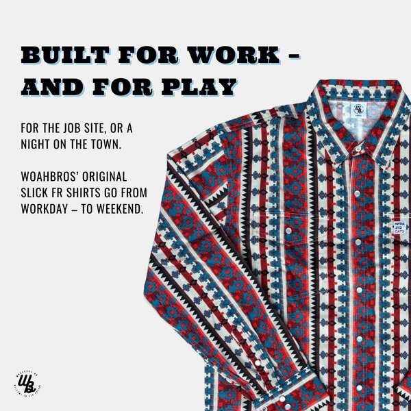 Colorful patterned shirt with promotional text on a white background