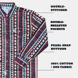 Patterned shirt with text highlighting features on a white background