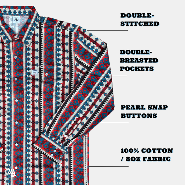 Patterned shirt with text highlighting features on a white background